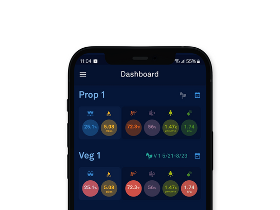 AROYA Mobile app shows dashboard of all rooms in your facility. 